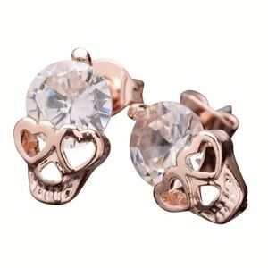 Halloween Rose Gold Skull Cubic Zirconia Small Stud Earrings Gothic